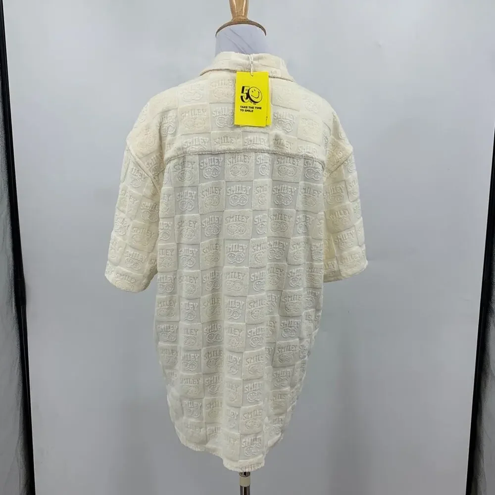 H&M Smiley Shirt Women M Medium Baby Yellow Button Up Relaxed Fit Terry Embossed